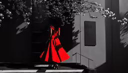 a woman in a red dress and a tree with white flowers