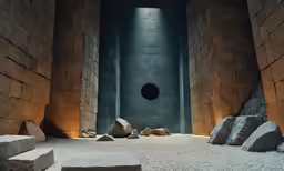 the entrance to the large space features some large rocks