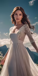 a woman in a white dress standing on top of a mountain