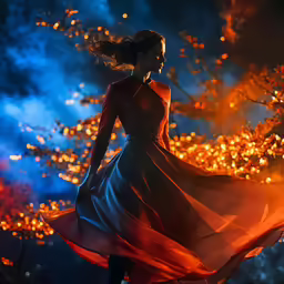 woman with flowing red and blue dress looking over the hill