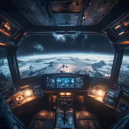 the cockpit of a commercial airplane with the view of a planet