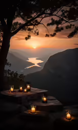 a sunset on a mountain with a lot of candles