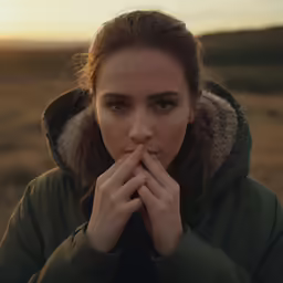a woman covers her mouth with both hands as the sun is setting