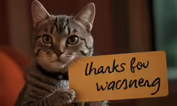 a cat holding a sign with the words thanks for vacanegg on it