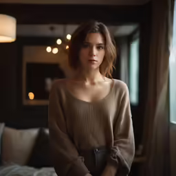 woman with short hair in a brown sweater in a room