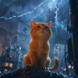 an orange cat sitting on top of a pile of rock
