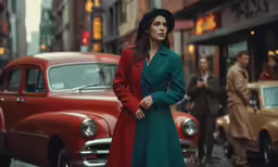 a woman standing in the middle of a busy street next to old cars