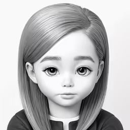 a black and white photo of a doll with long hair