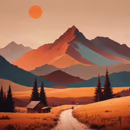 a painting of a country road going through a rural area,a painting of a dirt road passing through a field