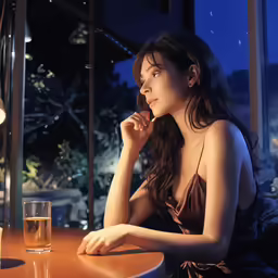 a woman sitting at a table with a glass of water and looking out a window