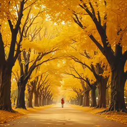yellow leaves line a path lined with trees