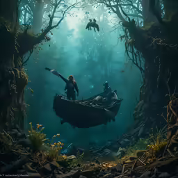 a couple of people on a boat under a tree