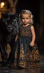 a young girl is standing next to a black cat