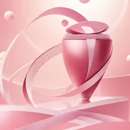 pink decorative vase with ribbons floating around it
