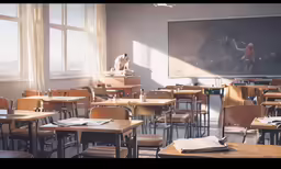 an empty classroom with wooden chairs and a big screen