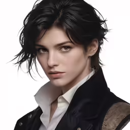 a woman wearing a black jacket and white shirt