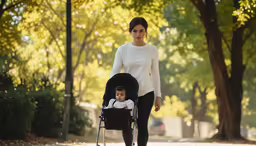 a woman walking with her child in a stroller
