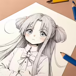a drawing of a young girl in a white blouse