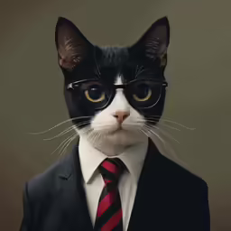 a black and white cat wearing a tie and jacket
