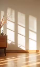 light is shining on the wall of a room with some plants