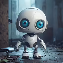 a robot is standing on the floor, with large eyes
