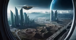 a futuristic spaceship flies over a large city