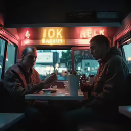 two men in red jackets sitting at a table eating food