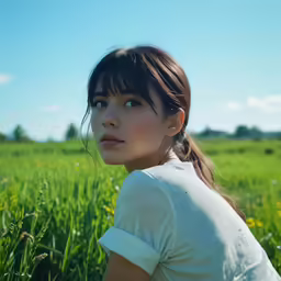 a woman with long hair in a field of flowers