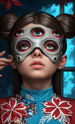 a girl with red eyes and silver mask