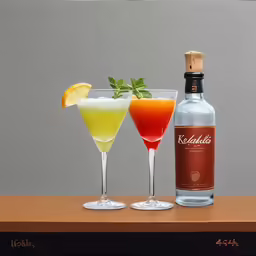 two martinis and one drink in glass on wooden table