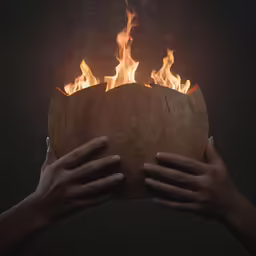 two hands hold a piece of wood over a fire pit