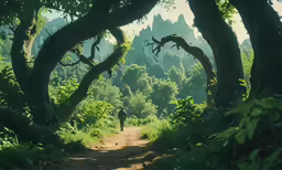 a person walking in the woods, near a trail