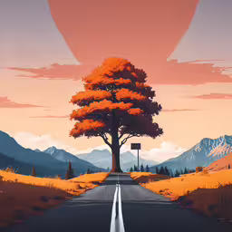 a long road with trees and mountains in the background,a cartoon scene with an orange tree on the side of a road
