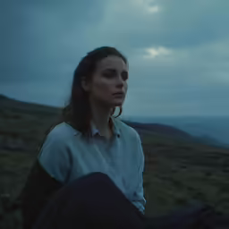 woman sitting on grassy hill staring into distance