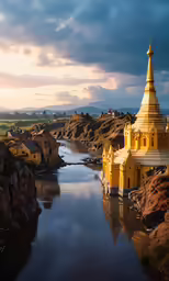 a large body of water with a tall church on the shore