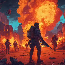 a person in front of a burning explosion,an image of soldiers walking into a city on a blazing day