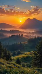 sun setting over a rolling hill covered with trees