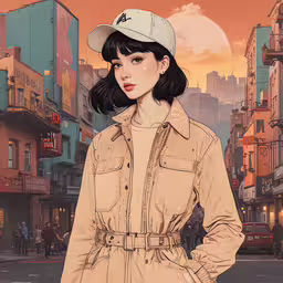 a girl in a hat with an urban background,a girl stands on the street in front of a backdrop with buildings