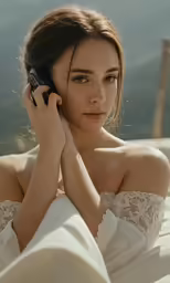 the woman is wearing an off the shoulder white dress while on her cell phone