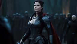 an older woman in a black leather outfit with red cape