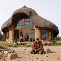 a man sitting on the ground outside of a small, mud roofed building