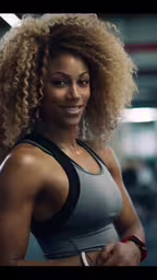 the woman is posing in a tank top,a woman with big wavy brown hair is posing in a gym