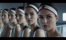 a row of beautiful women with headbands standing together