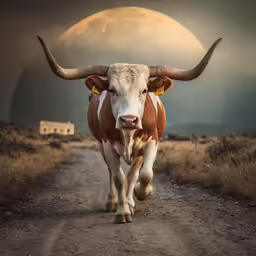 a long horned cow walks down the middle of a dirt road with a barn in the background