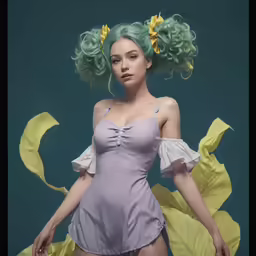 a woman in purple poses by a flower