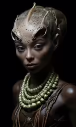 a woman wearing a weird hat and necklace