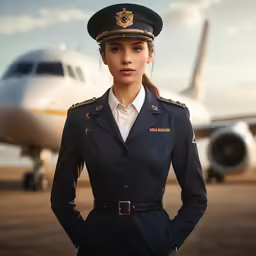 a female pilot in uniform is standing near an airplane