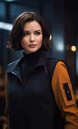 the woman is wearing black and orange clothing