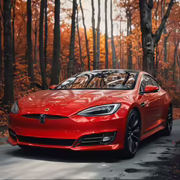 a red tesla tesla parked in a road near trees