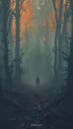 a person walking away from the camera in an area full of trees